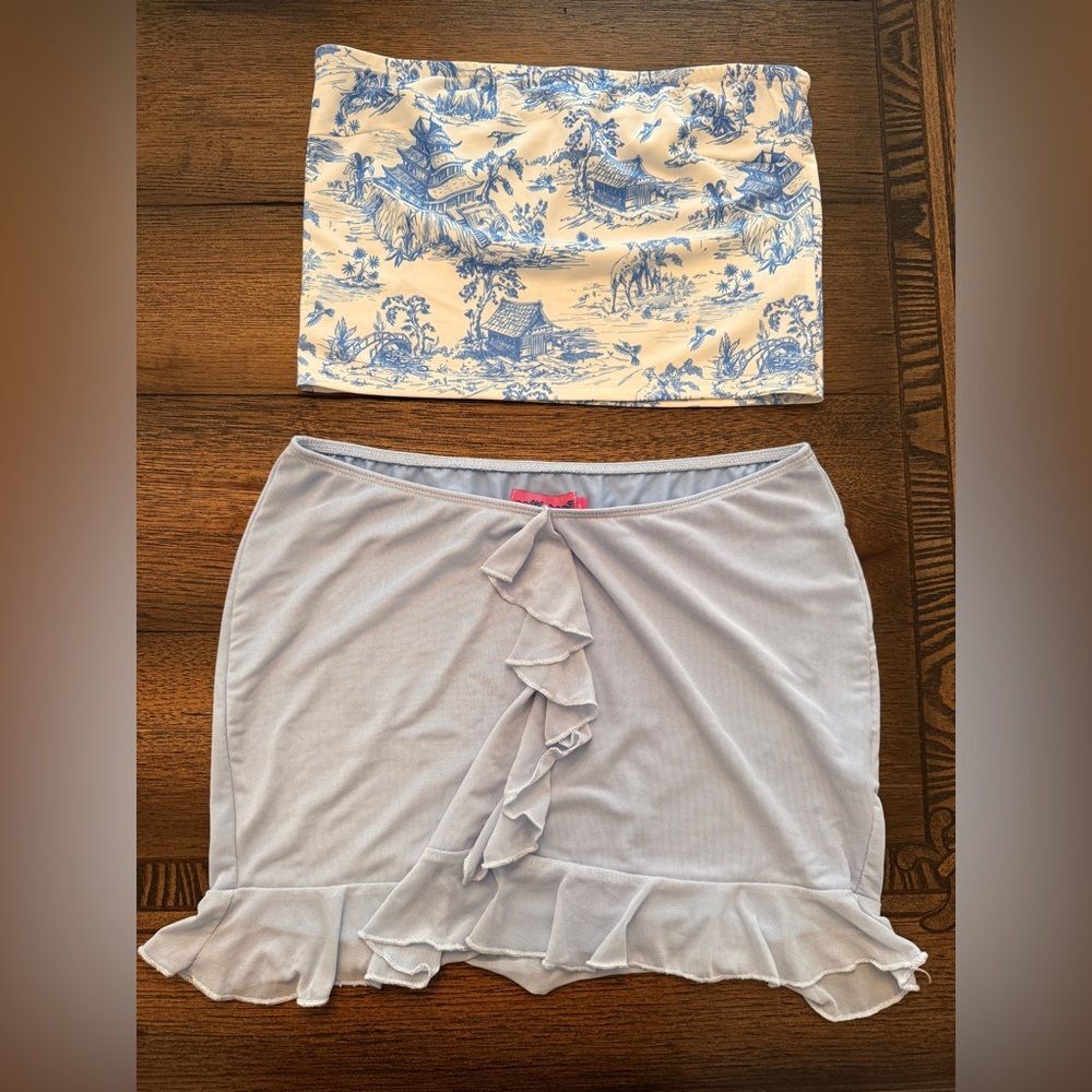 Edikted Blue and Cream Tube Top Skirt Bundle Women's Medium Cottagecore chic